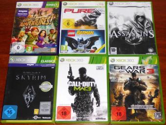 6 X-Box 360 Spiele - The Elder Scrolls V Skyrim, Call of Duty MW3, Gears of War 3, Assassins Creed II, Lego Batman, Pure